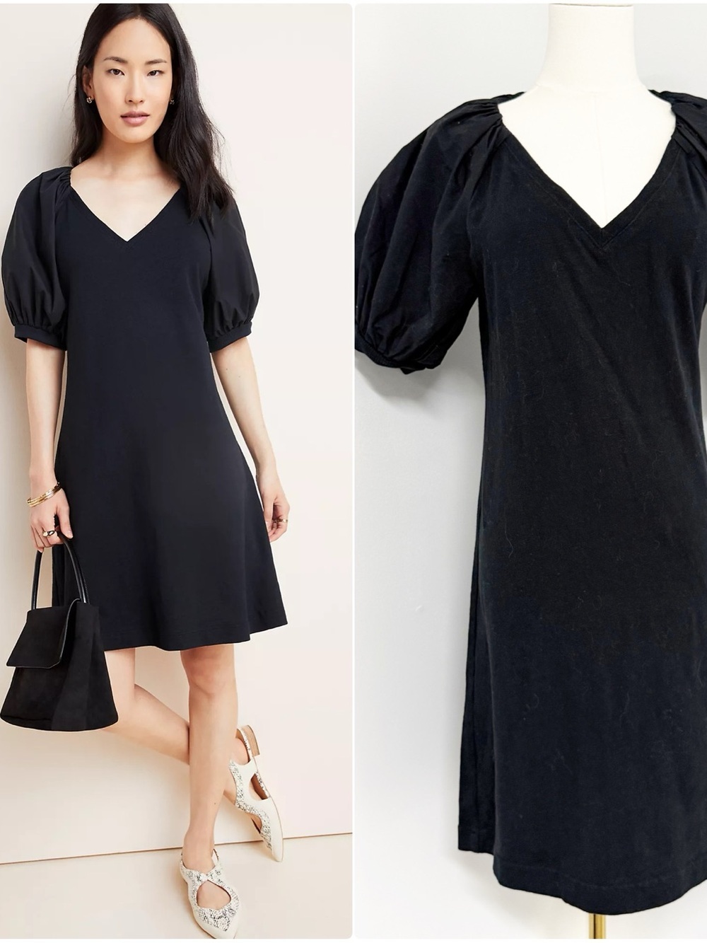 Maeve Anthropologie Annika Knit Mini Dress XS Black Puff Sleeve V-Neck
